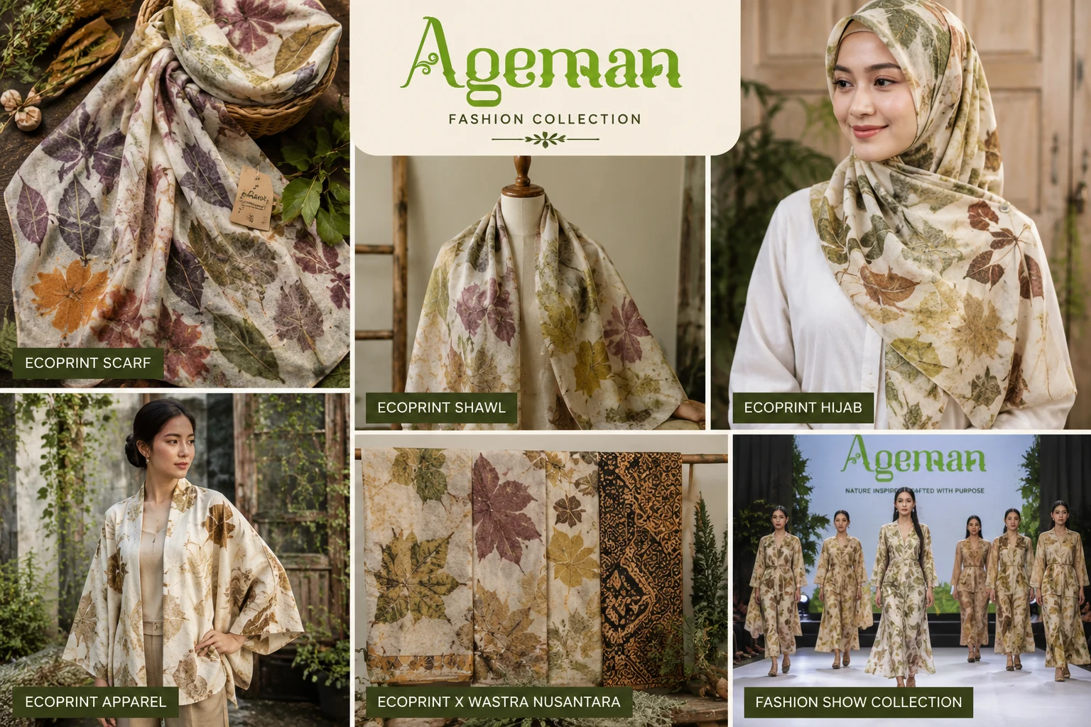Visual koleksi Ageman: scarf, shawl, hijab dan busana bermotif botani